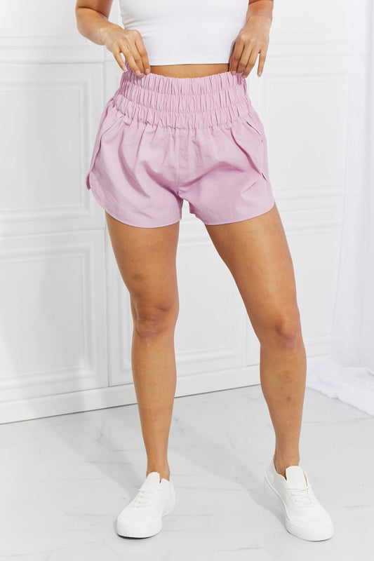 Zenana Cross Country Smocked Waist Running Shorts in Pink - pvmark