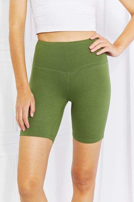 Zenana Fearless Full Size Brushed Biker Shorts in Olive - pvmark
