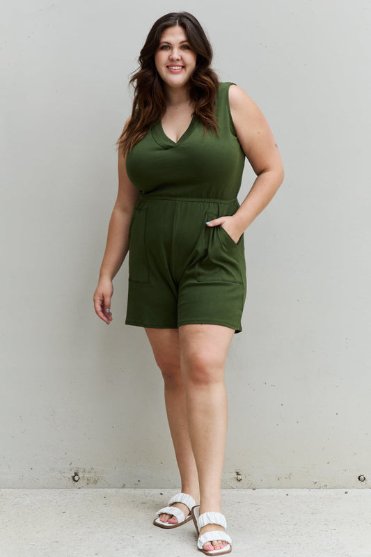 Zenana Forever Yours Full Size V-Neck Sleeveless Romper in Army Green - pvmark