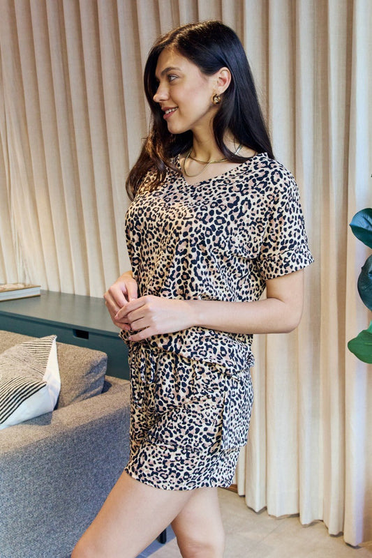 Zenana Full Size Leopard V-Neck Top and Drawstring Shorts Lounge Set - pvmark
