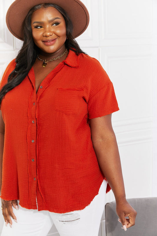 Zenana Full Size Summer Breeze Gauze Short Sleeve Shirt in Copper - pvmark