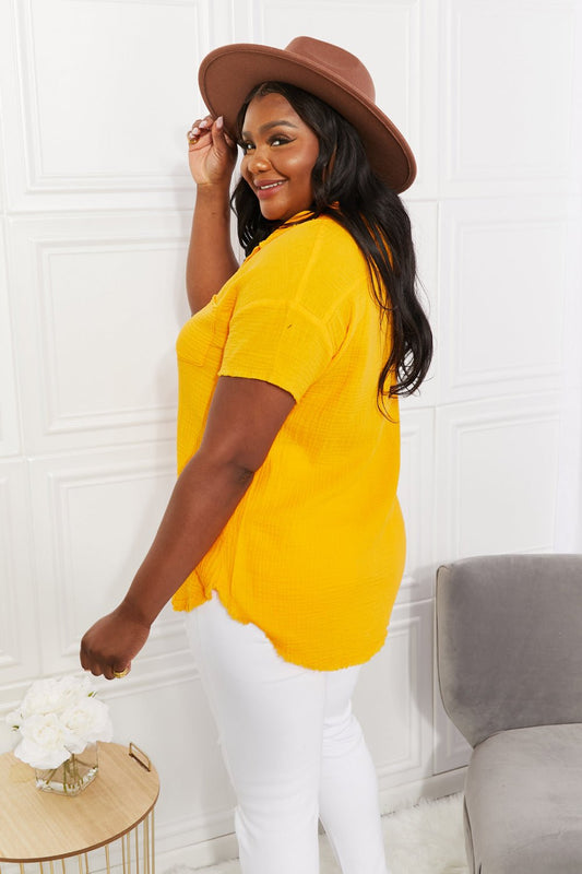 Zenana Full Size Summer Breeze Gauze Short Sleeve Shirt in Mustard - pvmark