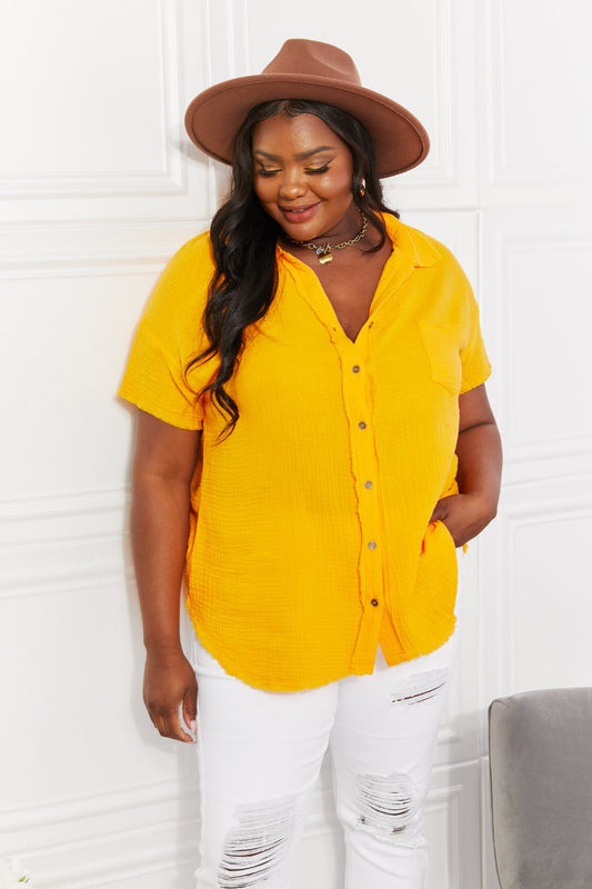 Zenana Full Size Summer Breeze Gauze Short Sleeve Shirt in Mustard - pvmark