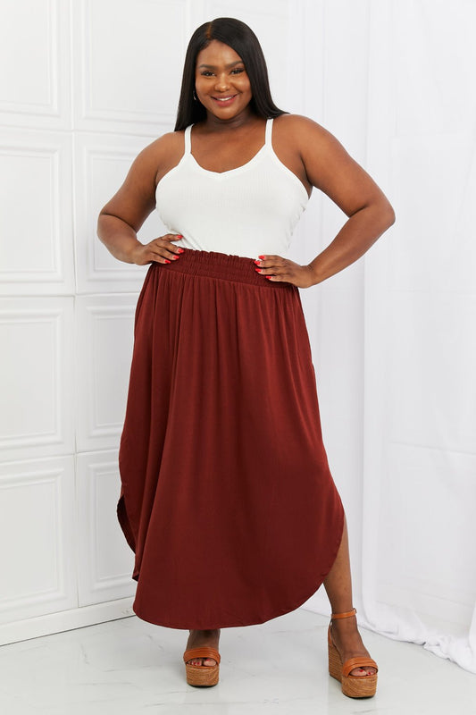 Zenana It's My Time Full Size Side Scoop Scrunch Skirt in Dark Rust - pvmark