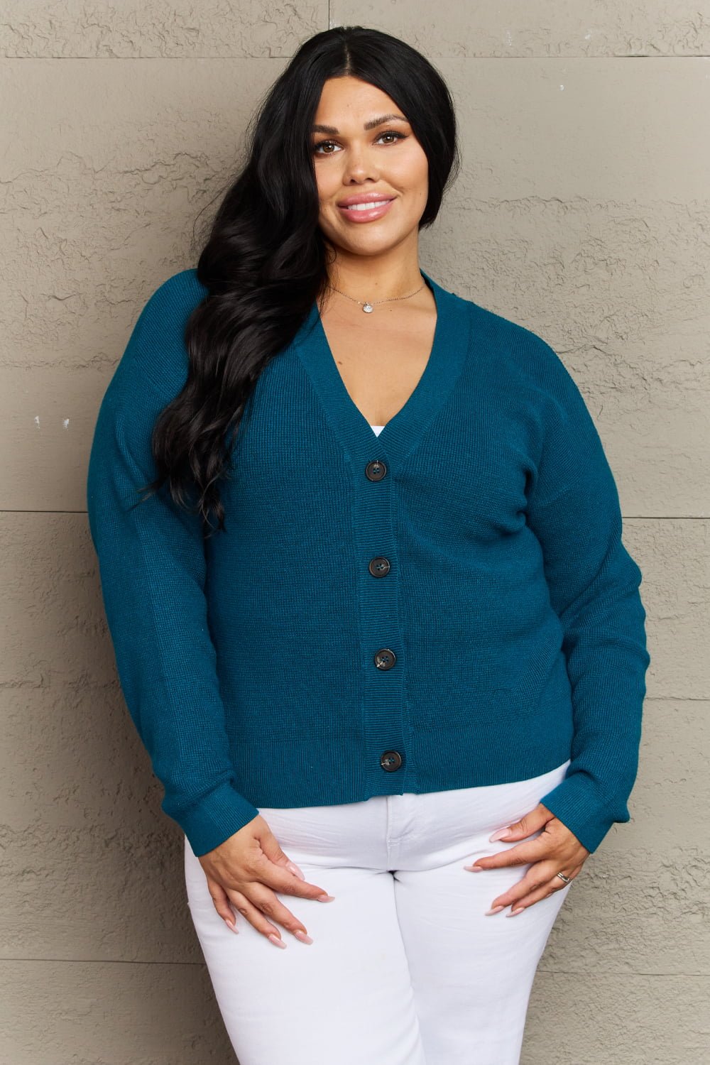 Zenana Kiss Me Tonight Full Size Button Down Cardigan in Teal - pvmark