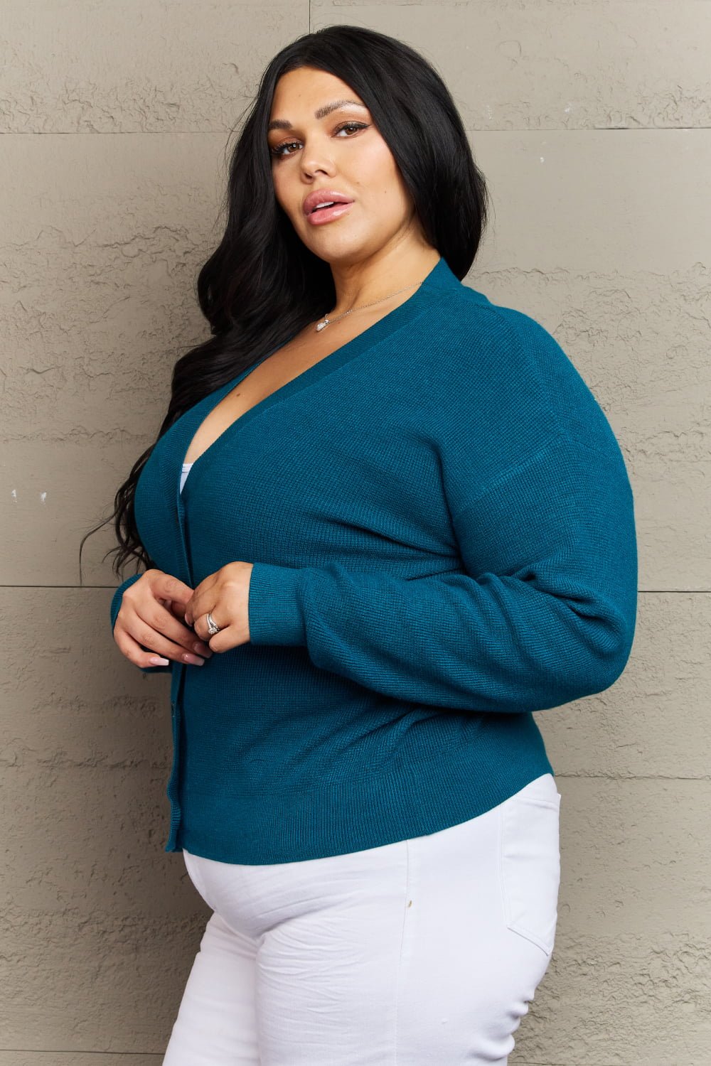 Zenana Kiss Me Tonight Full Size Button Down Cardigan in Teal - pvmark