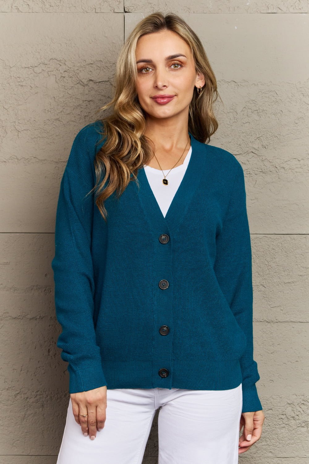 Zenana Kiss Me Tonight Full Size Button Down Cardigan in Teal - pvmark