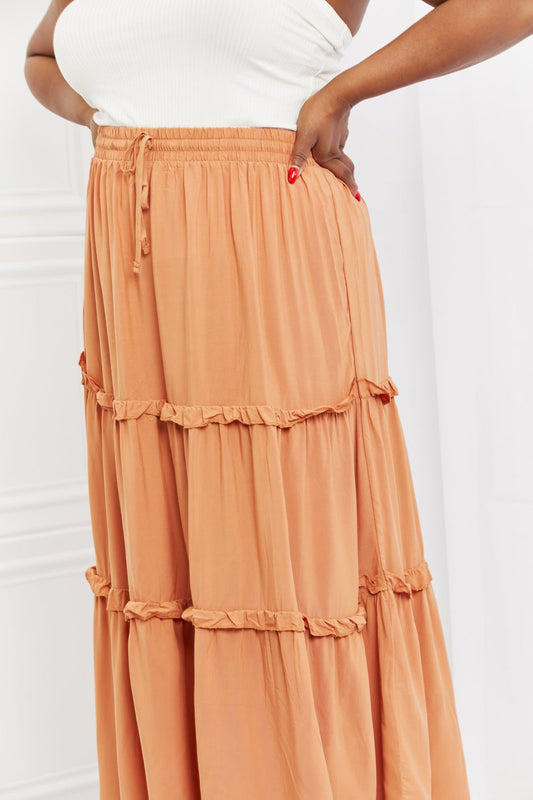 Zenana Summer Days Full Size Ruffled Maxi Skirt in Butter Orange - pvmark