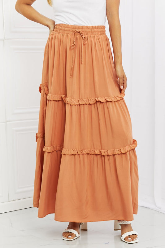 Zenana Summer Days Full Size Ruffled Maxi Skirt in Butter Orange - pvmark